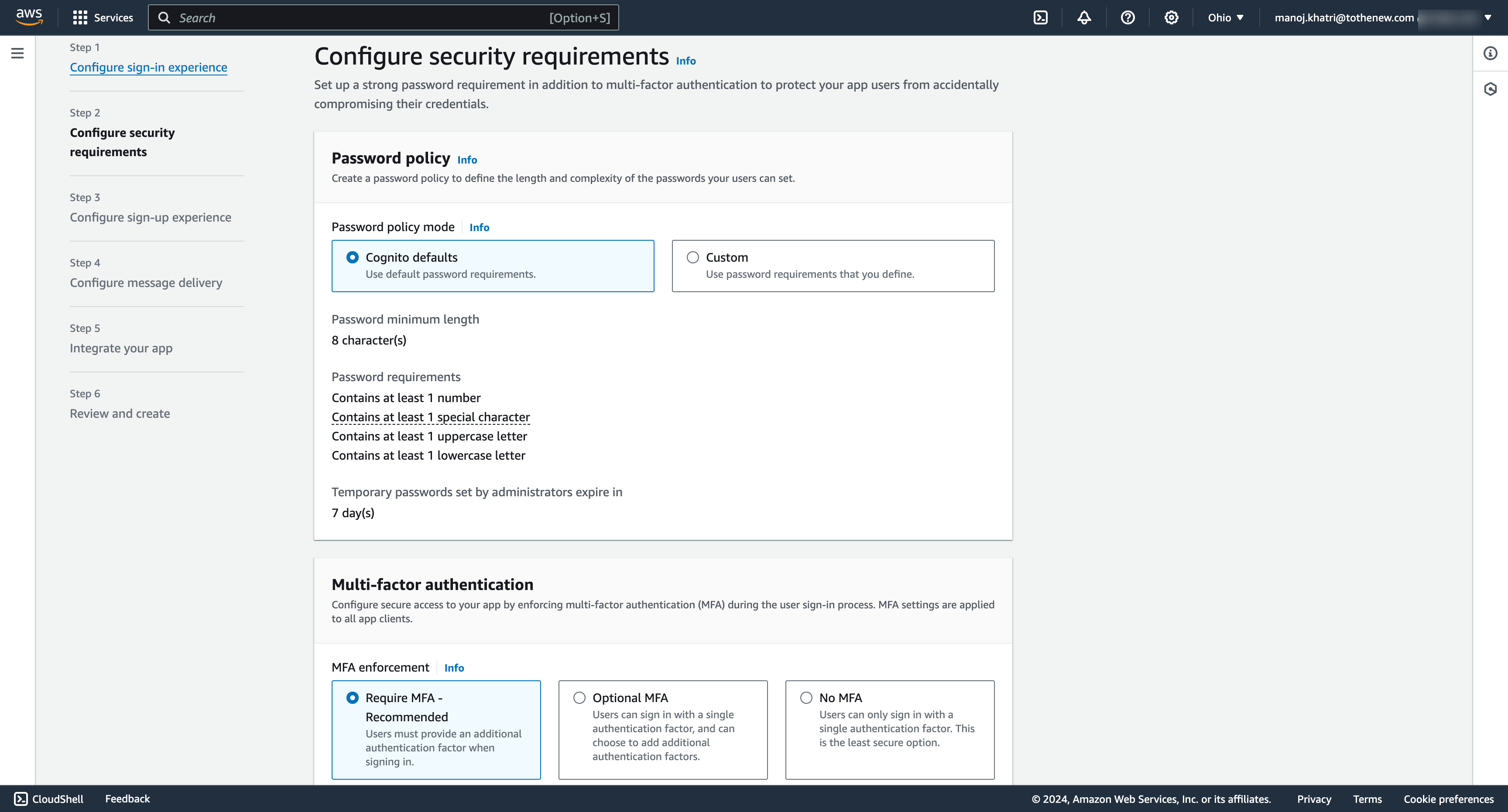 AWS Cognito - Set password policy and MFA