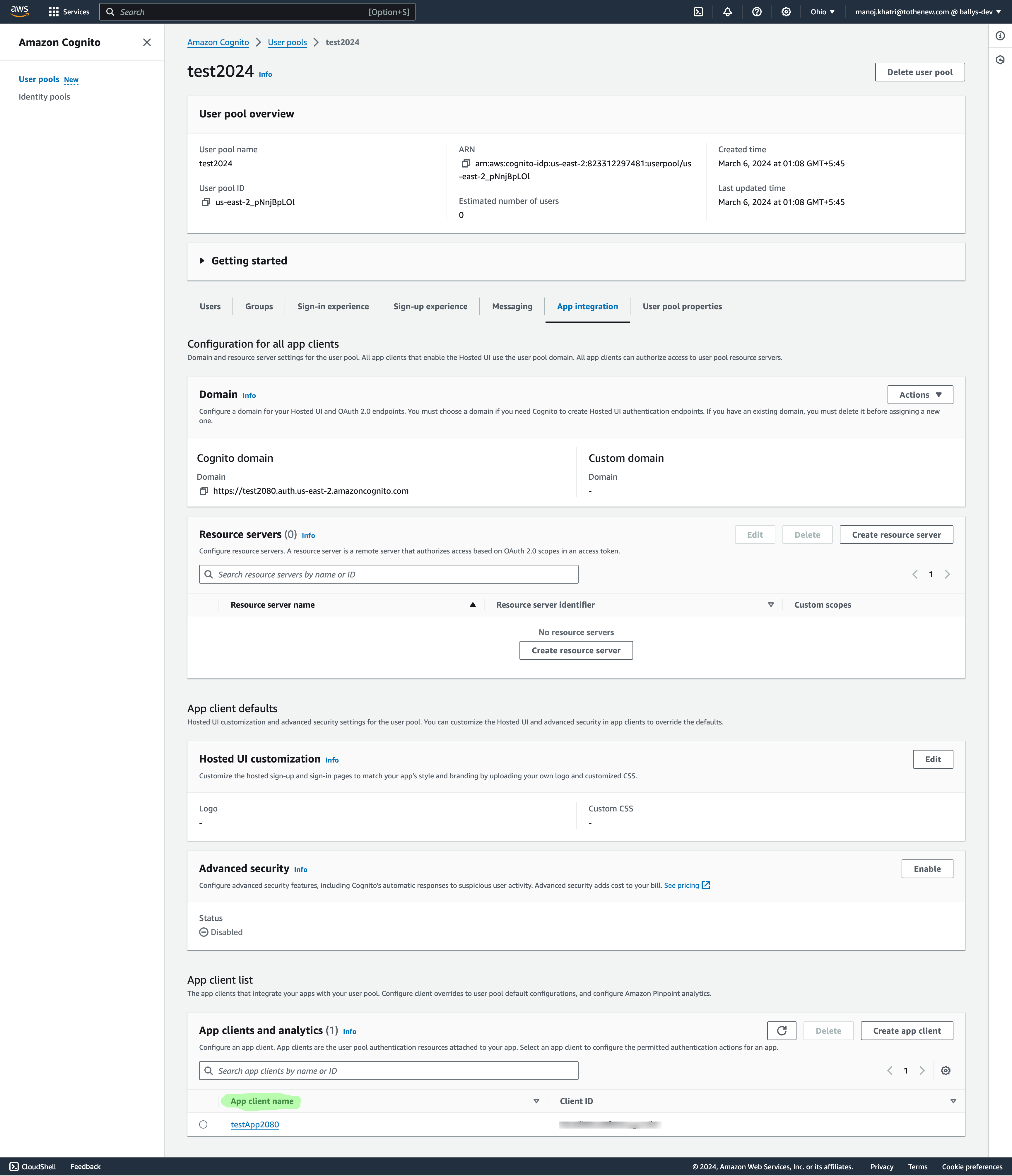 userPool Overview page