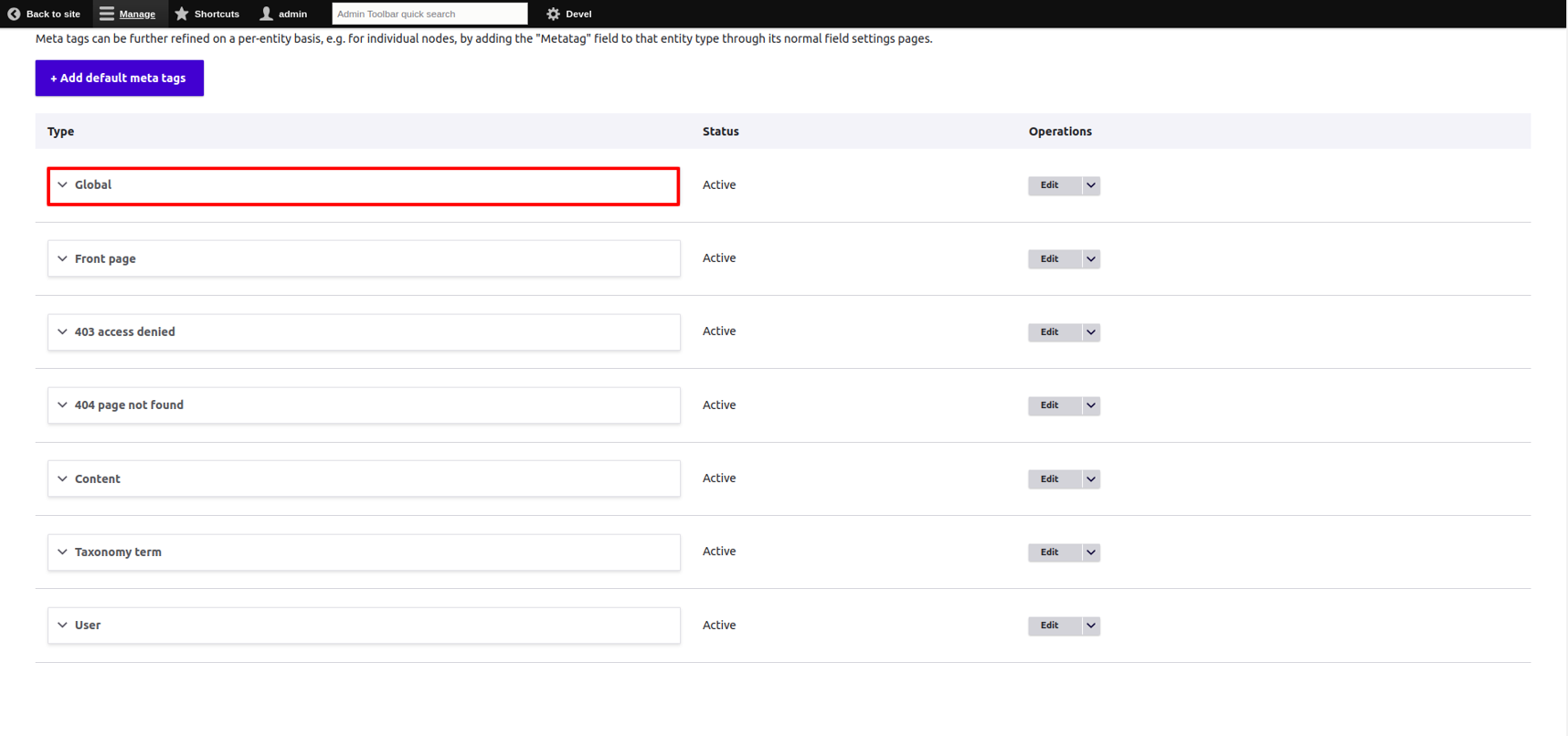 metatags config page