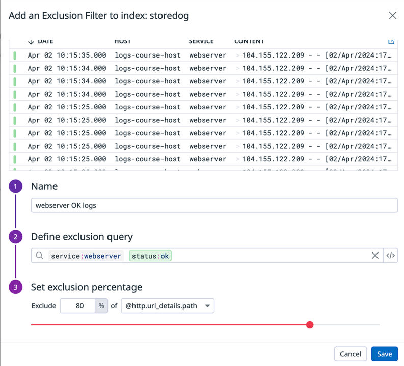 The "Add an Exclusion Filter to index: storedog" editor filled out to create the filter for webserver service logs with ok status.