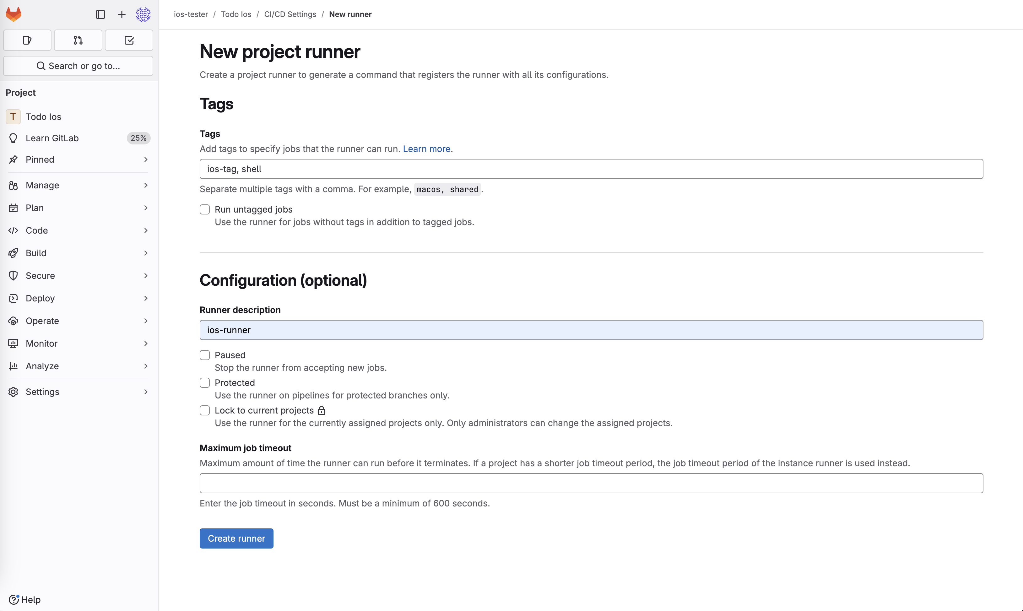New project runner page