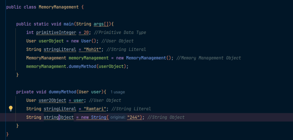 Java source code example showing the creation of primitive variables, string literals, and objects. The code illustrates how variables in stack memory reference objects stored in heap memory, including instances of MemoryManagement and User classes.