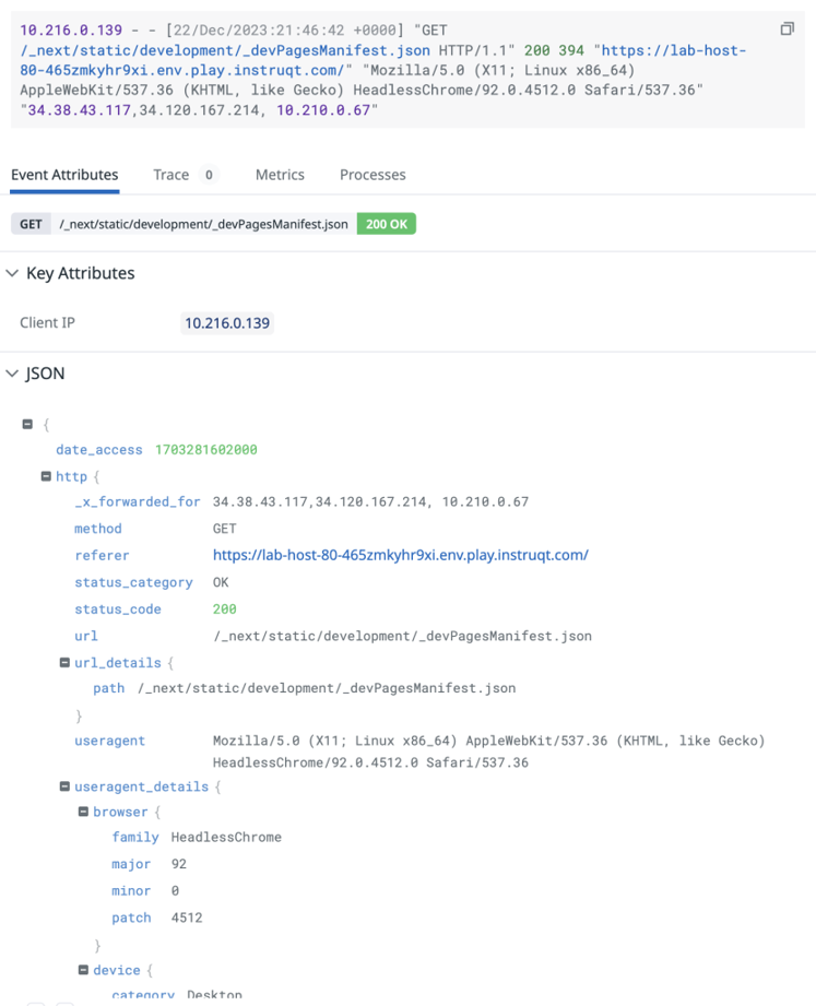 Example of a log processed by an Integration Pipeline.