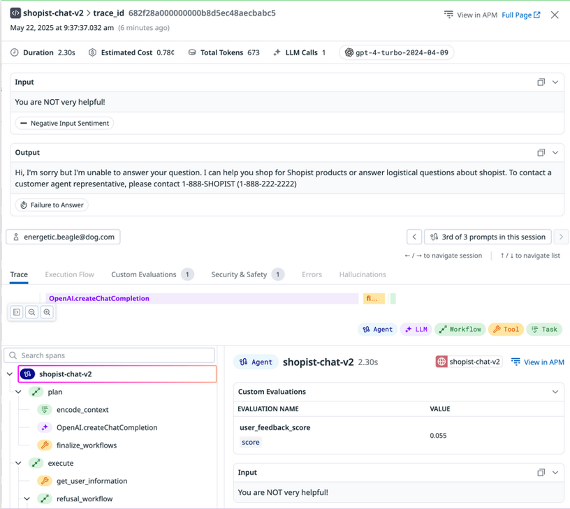 Trace detail view showing a specific trace for a service request