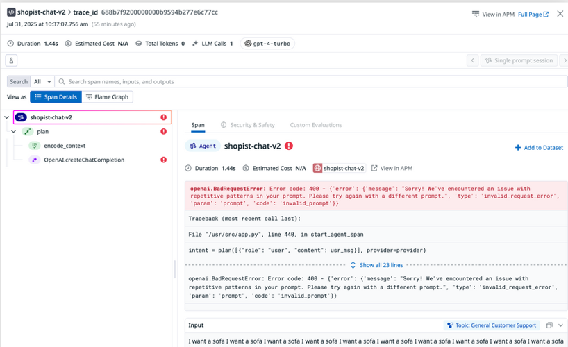 LLM trace details showing error information with highlighted error message and request metadata.